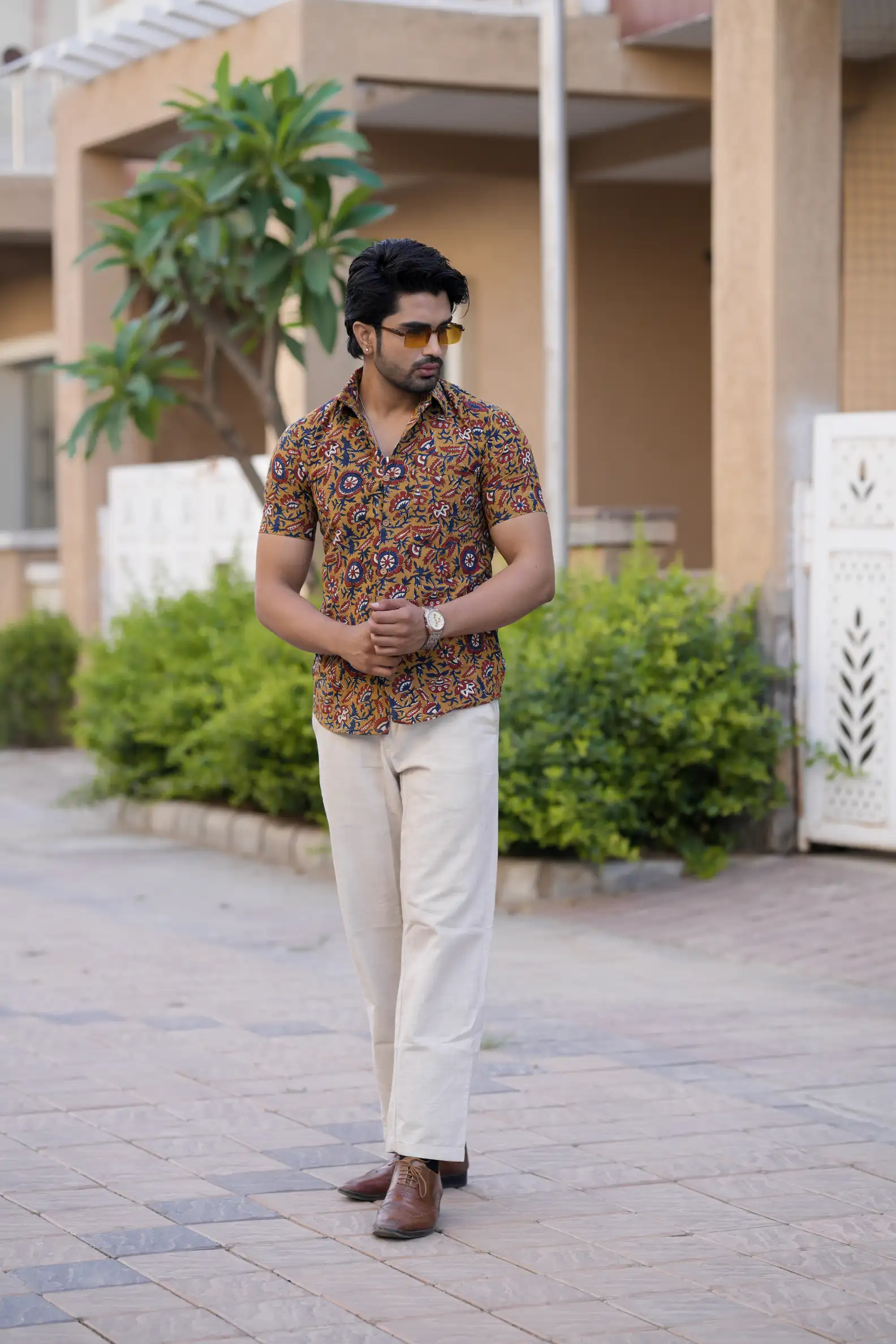 Brown Hand Block Print Cotton Half Sleeve Shirt