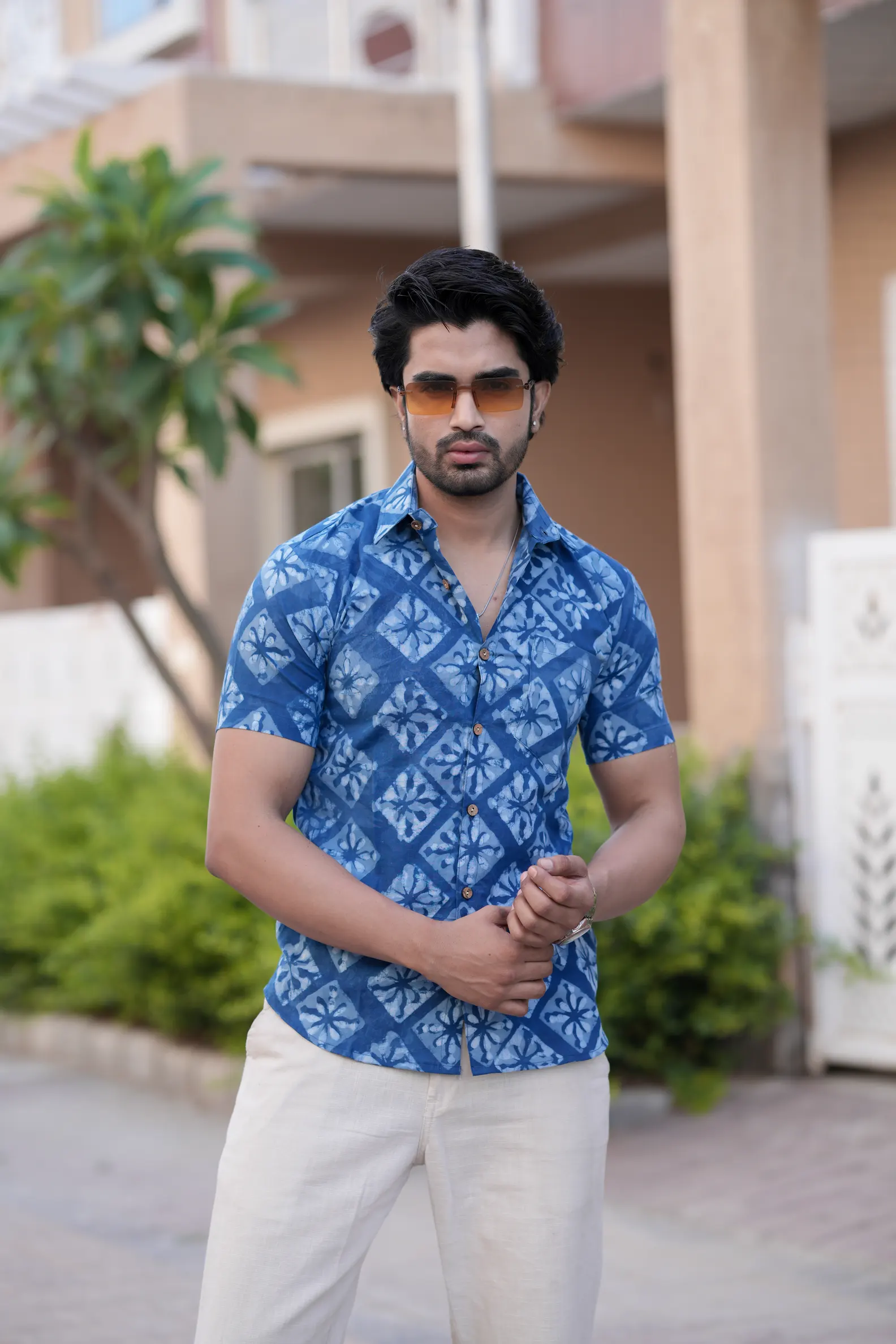 Indigo Daabu Print Cotton Half Sleeve Shirt