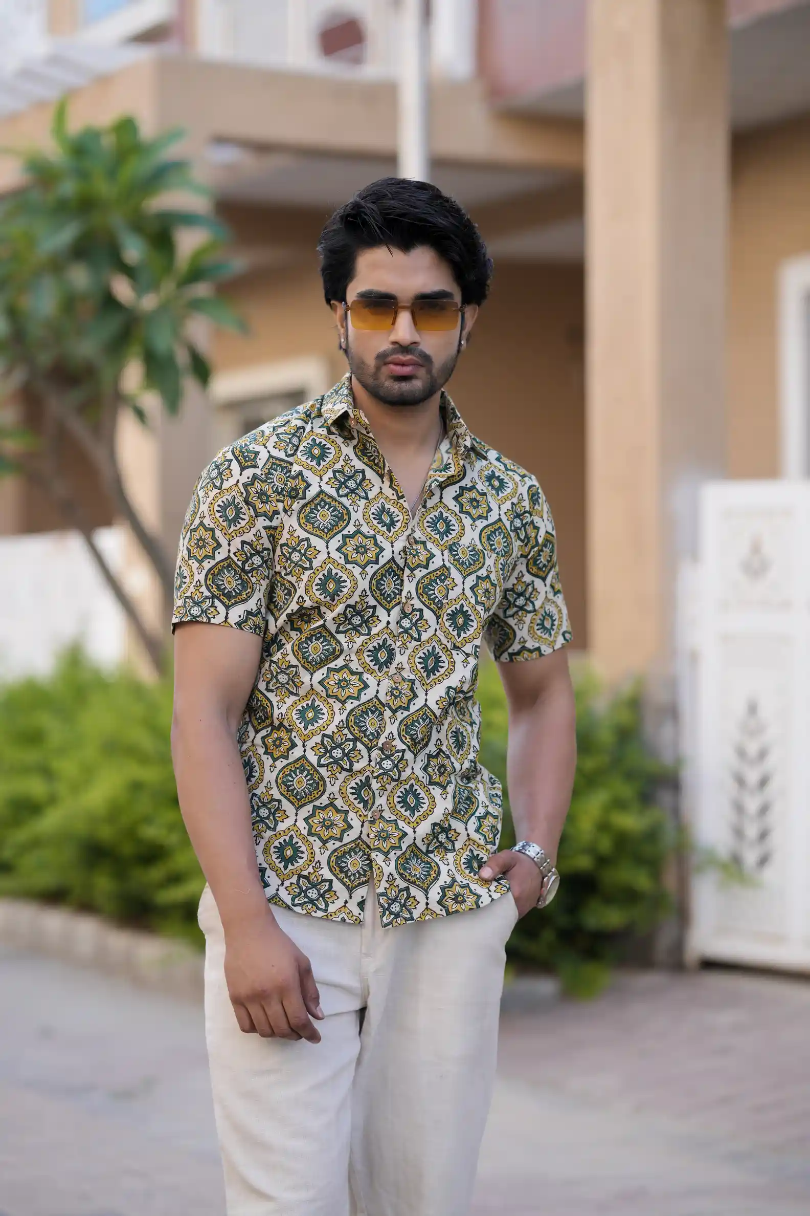 Hand Block Bagru Print Cotton Half Sleeve Shirt