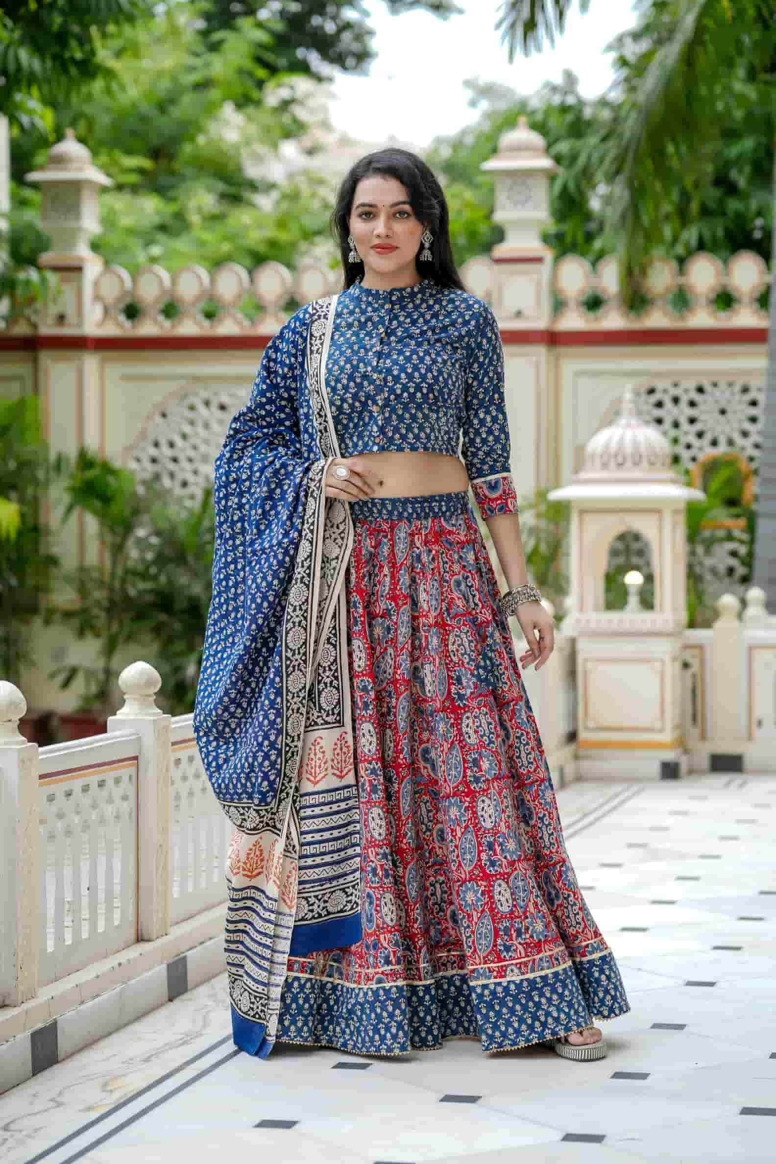 Blue & Red Bagru Print Cotton Lehanga Choli