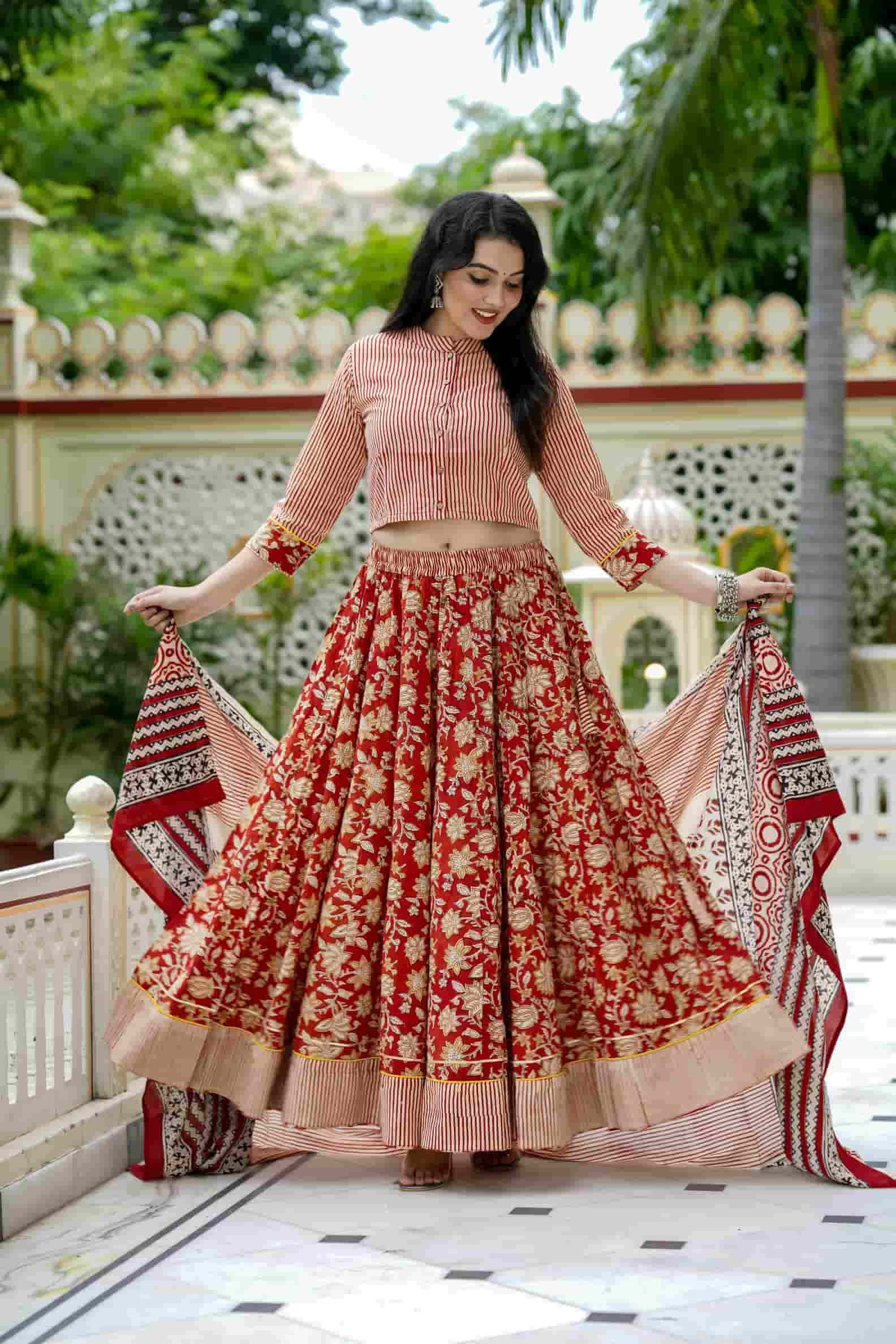 Red Stripe Bagru Print Cotton Lehanga Choli