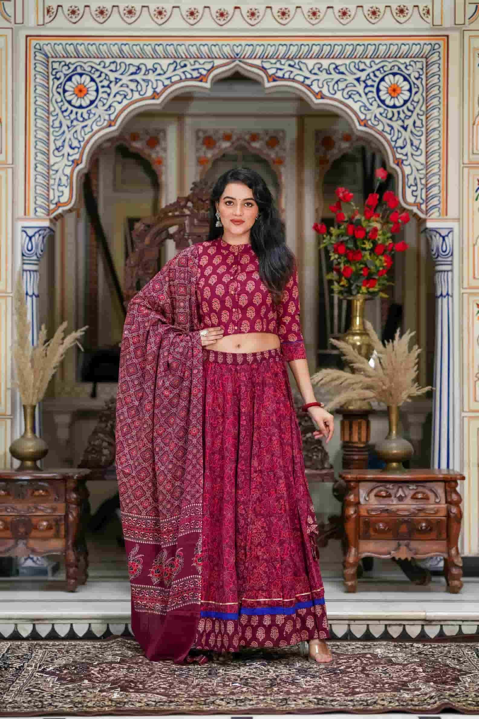 Red Maroon Bagru Print Cotton Lehanga Choli