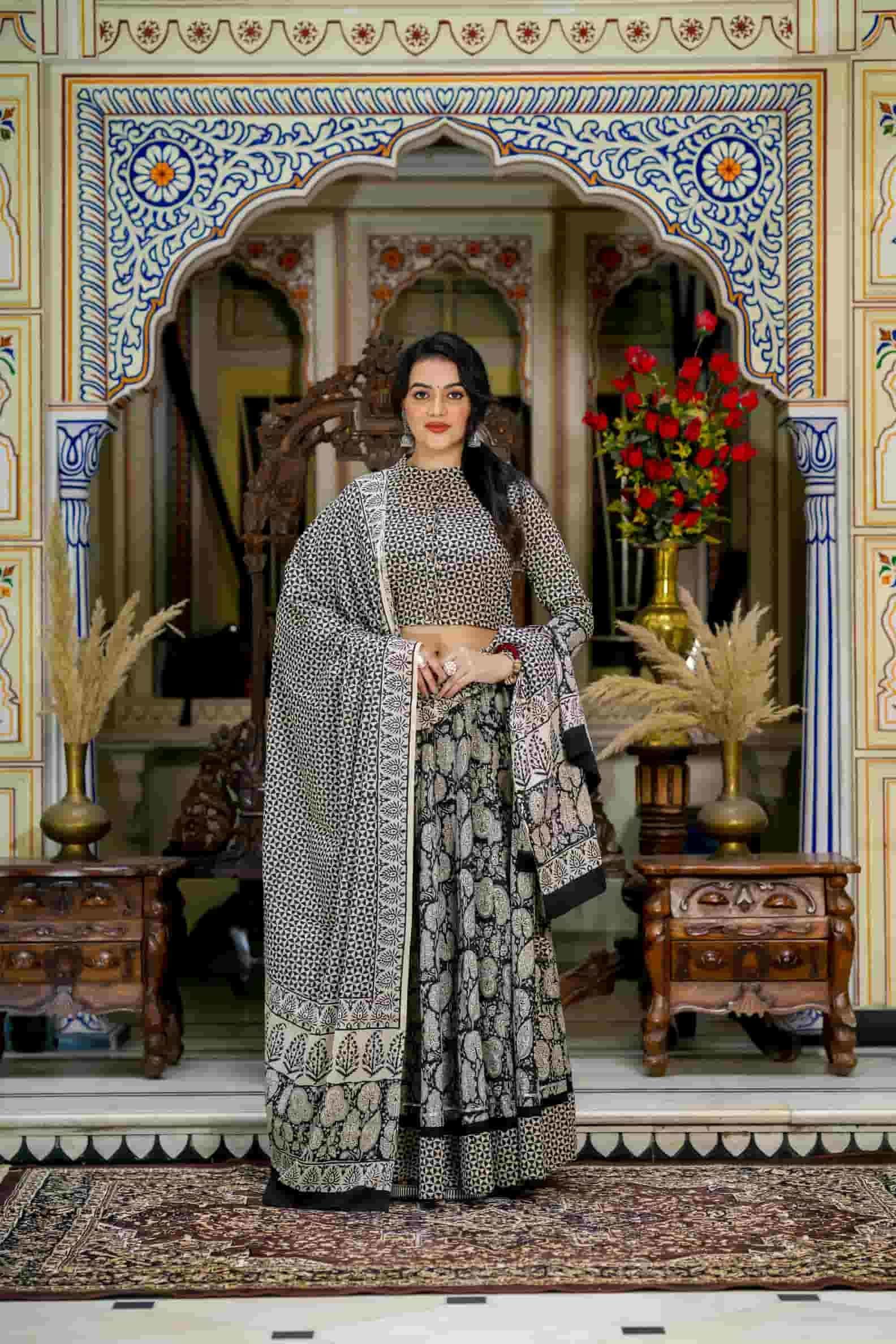 Black Bagru Print Cotton Lehanga Choli