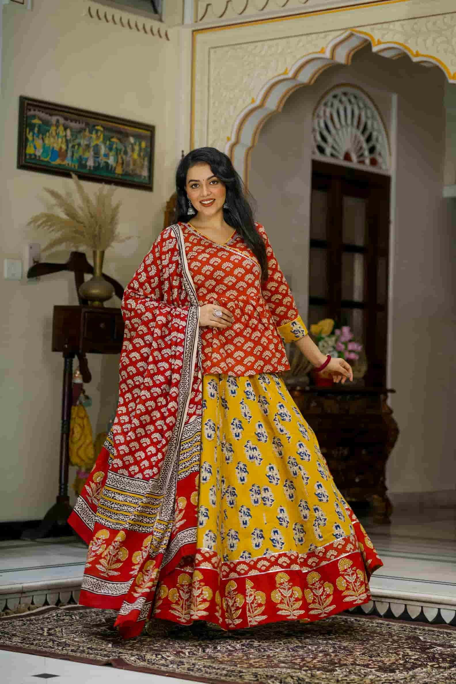 Red & Yellow Bagru Print Cotton Lehanga Angrakha Choli