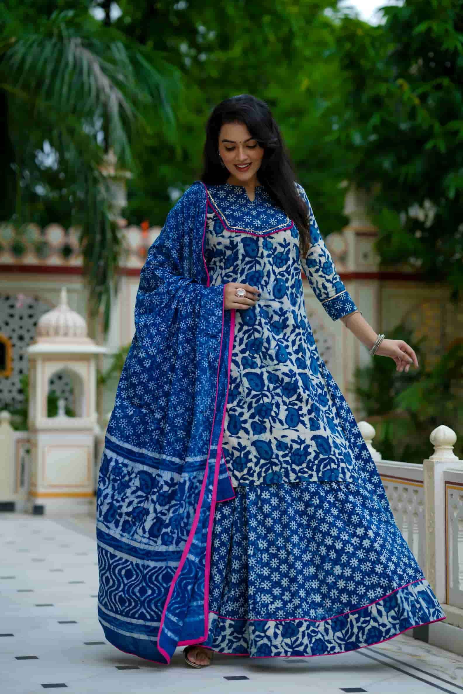 Indigo Daabu Print Cotton Kurti Skirt With Dupatta