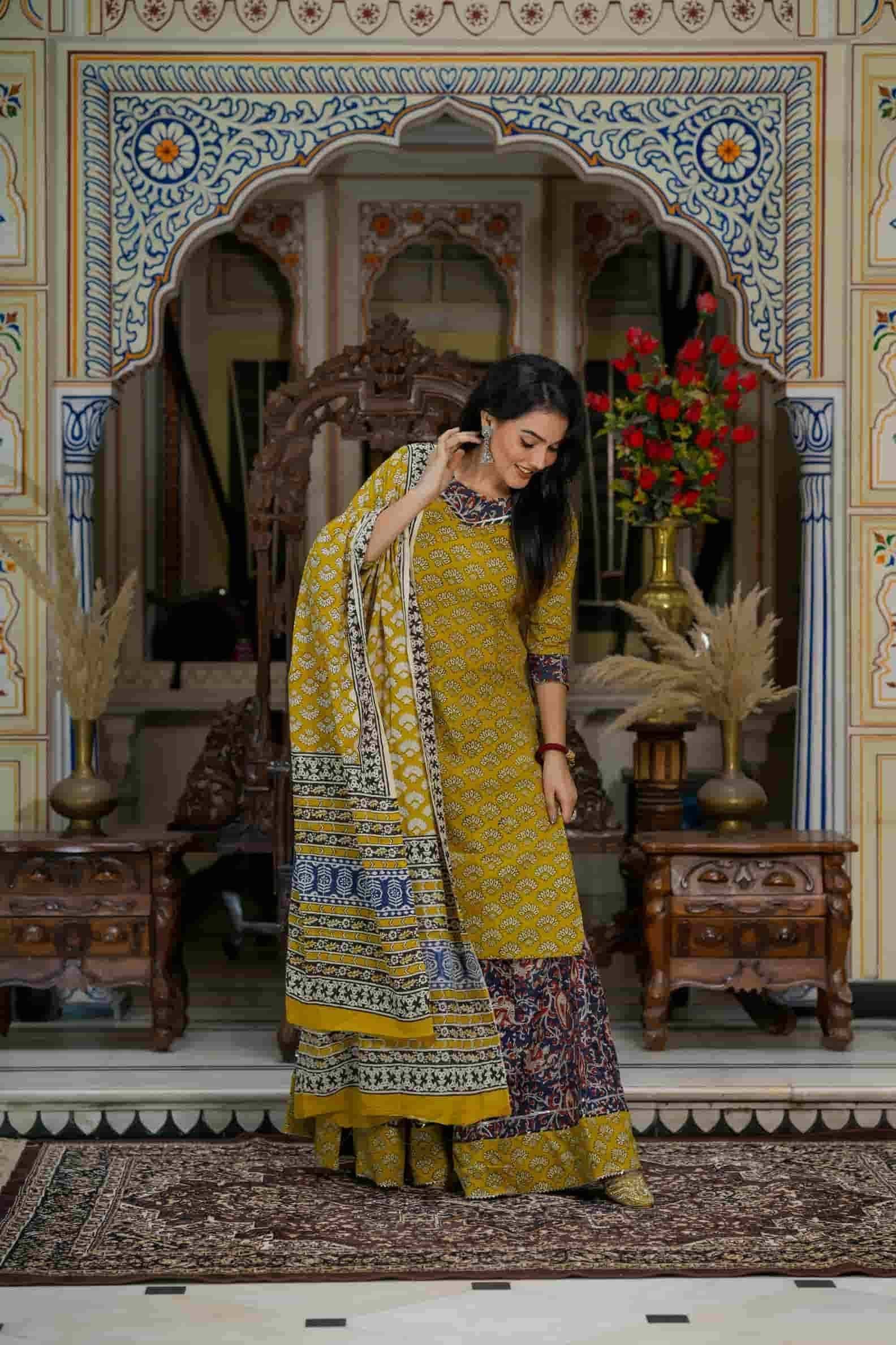 Musturd & Blue Bagru Print Cotton Kurti Skirt With Dupatta