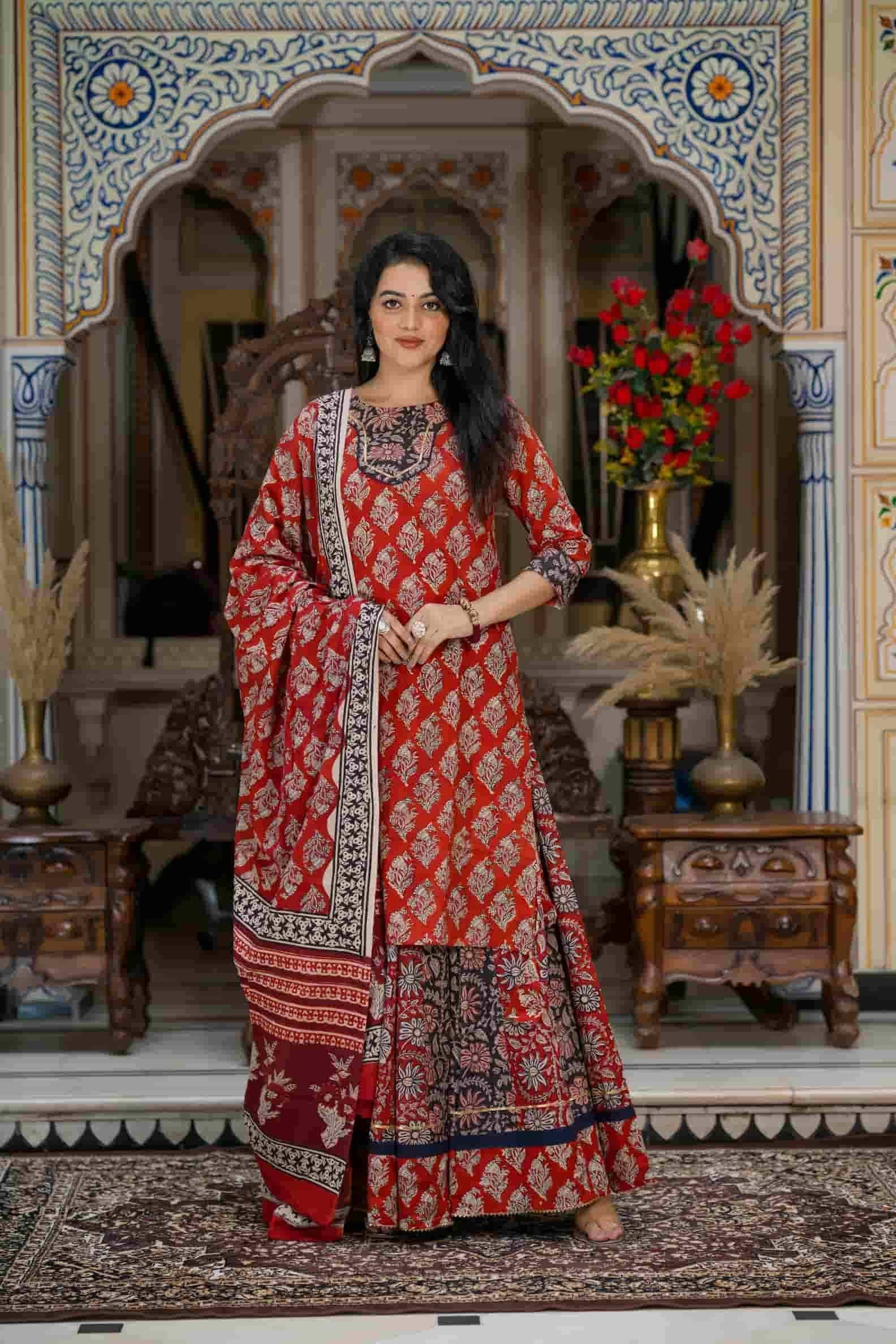 Red Hand Block Print Cotton Kurti Skirt With Dupatta