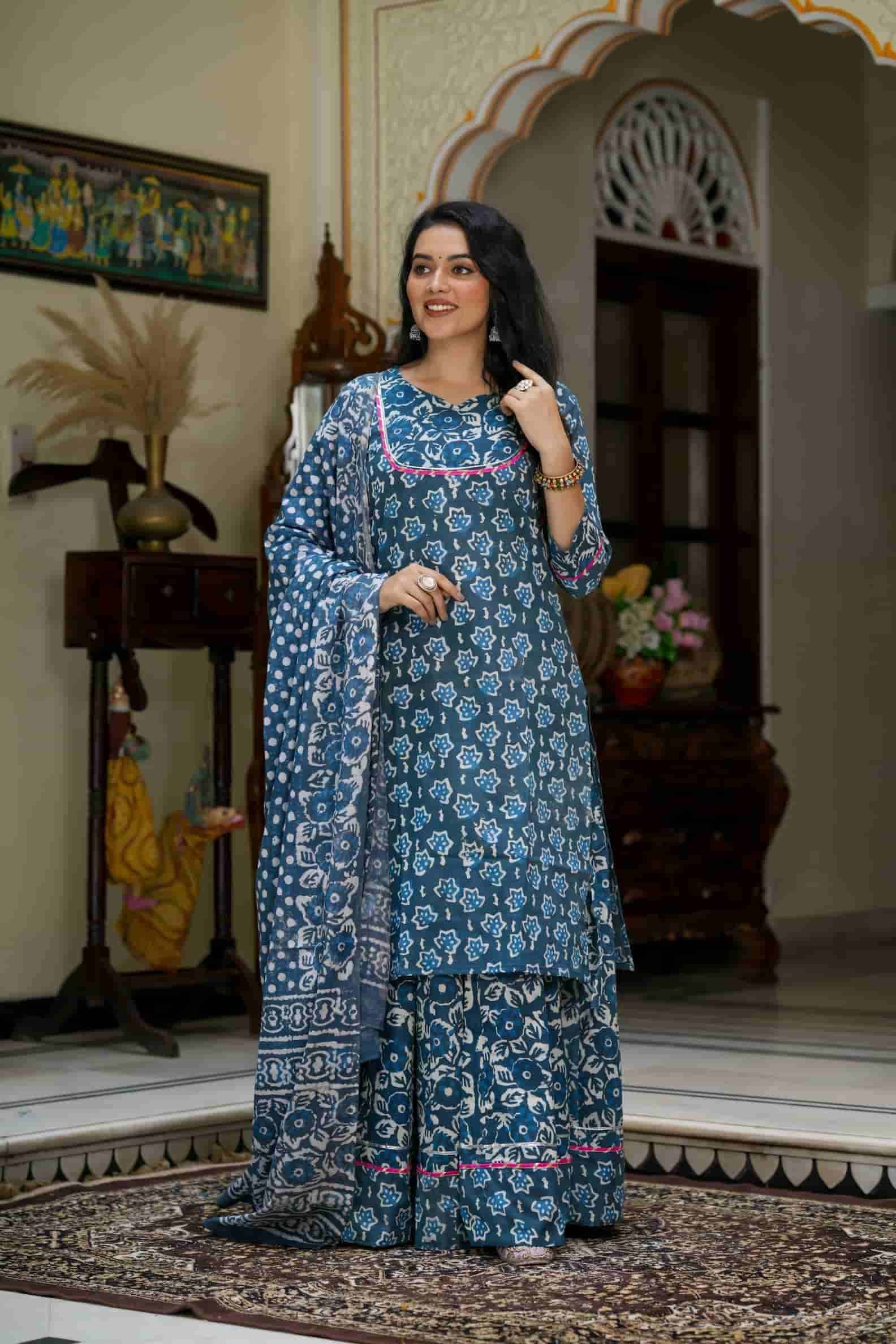 Indigo Kashish Daabu Print Cotton Kurti Skirt With Dupatta