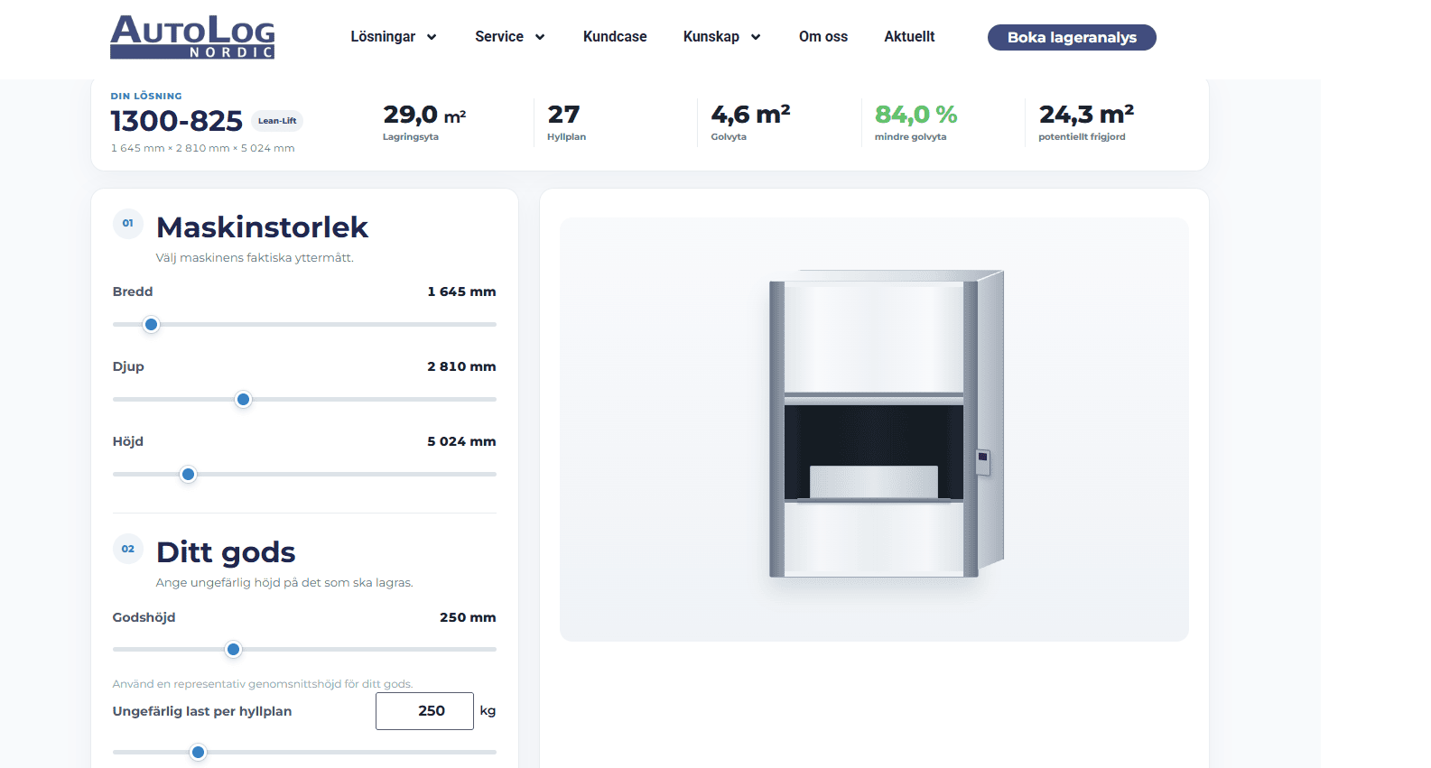 AutoLog Nordics Kapacitetskalkylator. räkna på din ytbesparing live