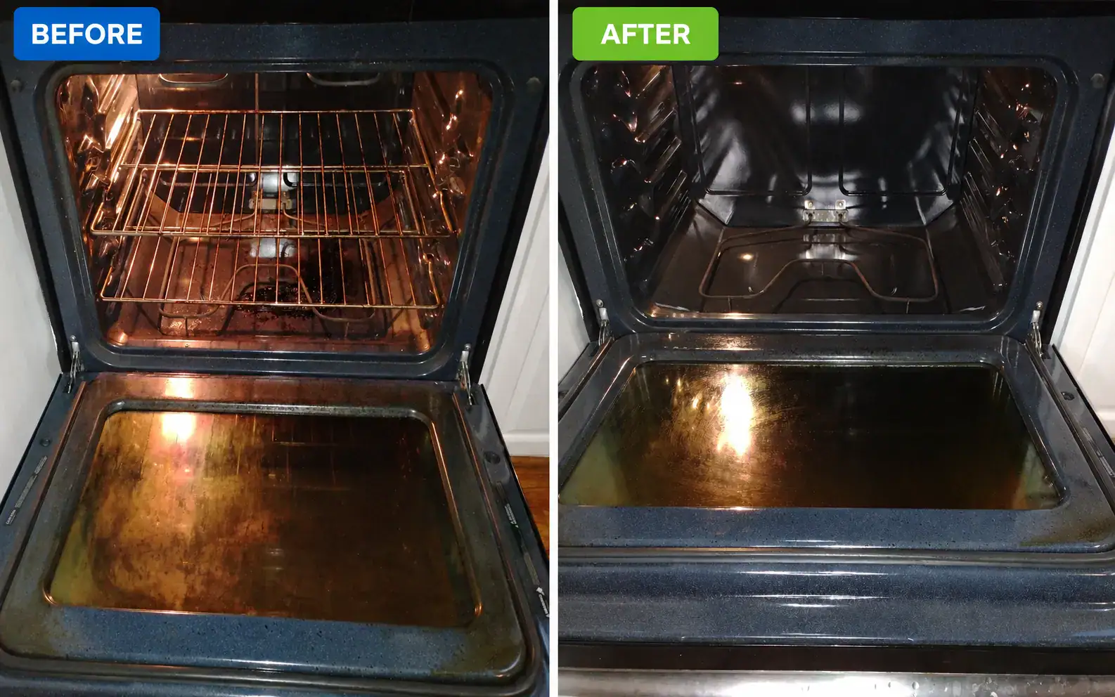 Before-and-after comparison of a grease-stained oven interior and door after professional cleaning by DSS Cleaning.