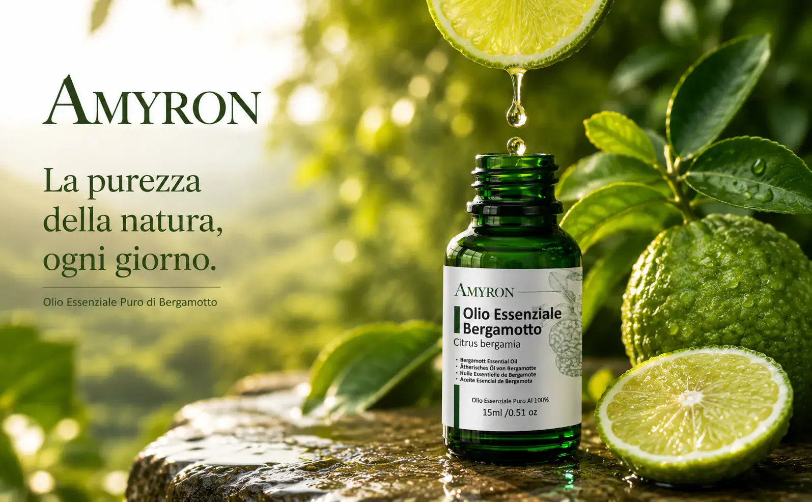 Olio Essenziale di Bergamotto AMYRON puro 100% con gocce di essenza e frutti di bergamotto freschi nell'habitat naturale della pianta