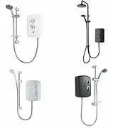NB Gas & Plumbing Promotional graphic for electric shower installation services in Glasgow starting from £160, featuring various 8.5kW to 10.5kW shower units with a manufacturer's guarantee and options for customer-supplied shower fitting.