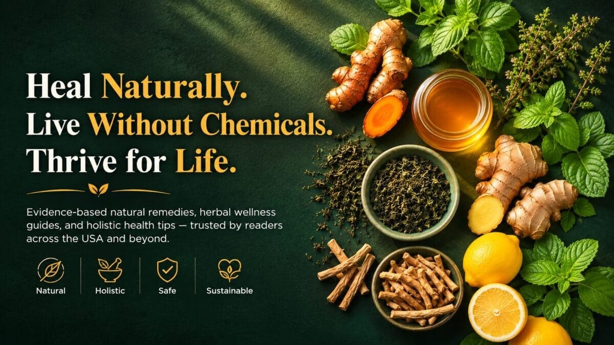 Heal naturally, live without chemicals, thrive for life — turmeric, ginger, honey and herbal wellness ingredients