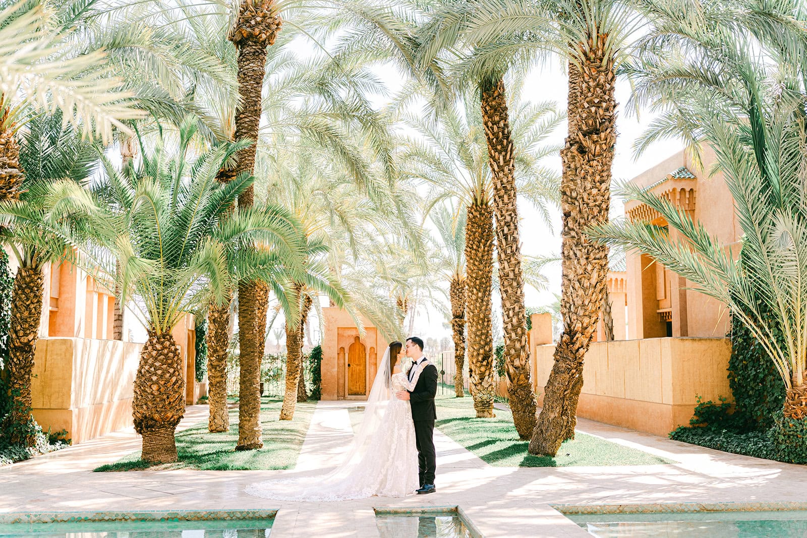 Andrea Gallucci - Destination Wedding Photographer- Amalfi Coast Positano Santorini Barcellona Rome Ravello Paris New York Romantic bride and groom portrait at Amanjena, with Moroccan architecture in the background