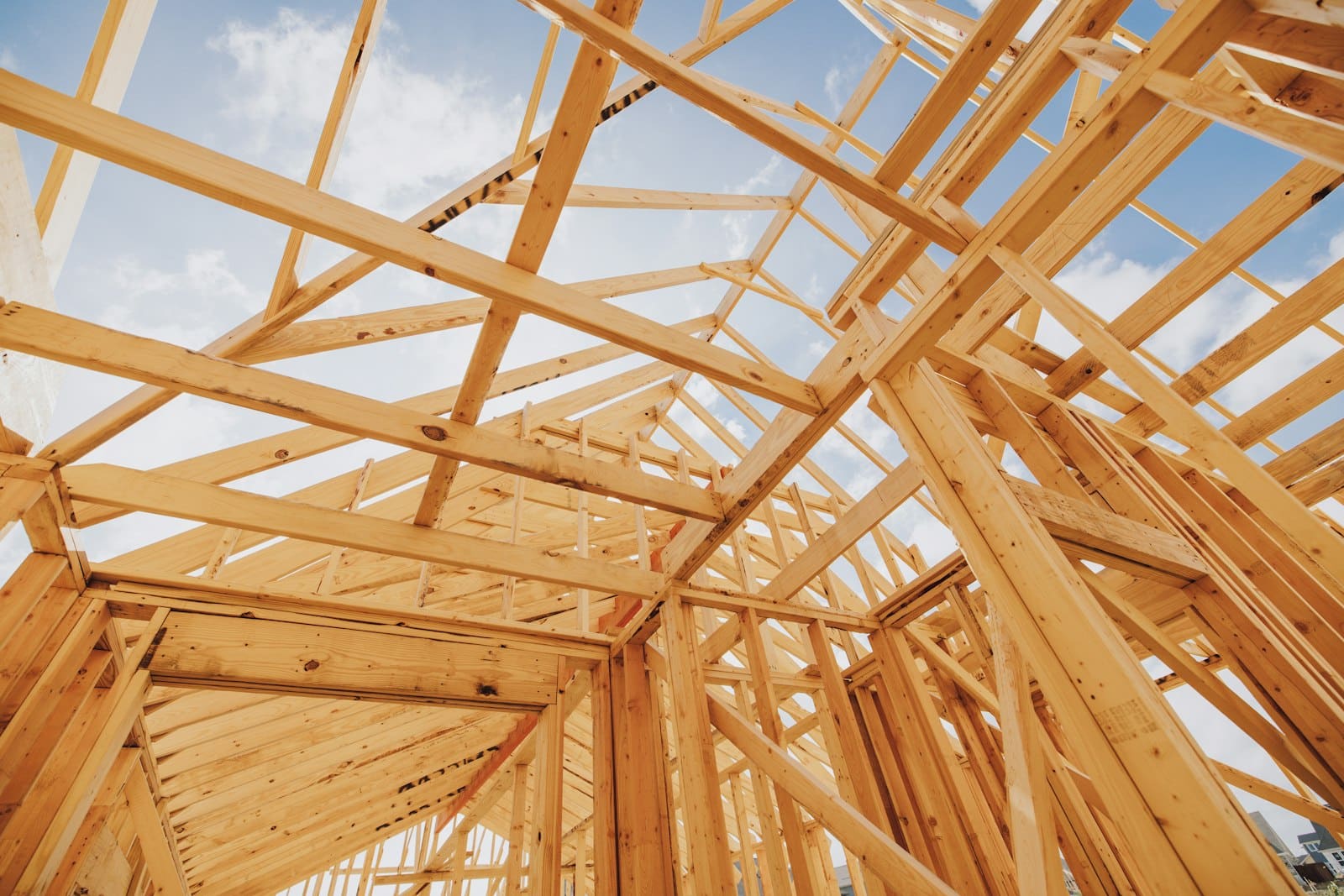 Exposed timber roof rafters during construction, illustrating the roof structure that spray foam insulation can hide