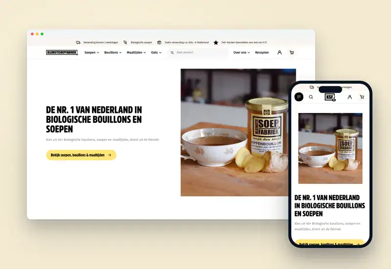 Website van Kleinste Soepfabriek op laptop en telefoon