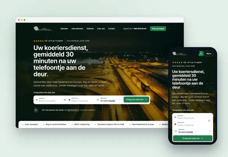 Homepage-ontwerp voor TK Koeriers op laptop en telefoon
