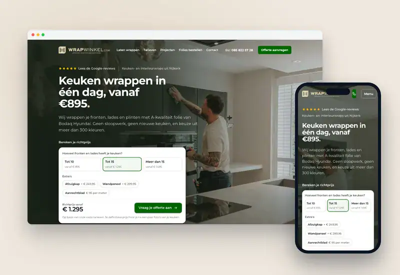 Homepage-ontwerp voor Wrapwinkel op laptop en telefoon