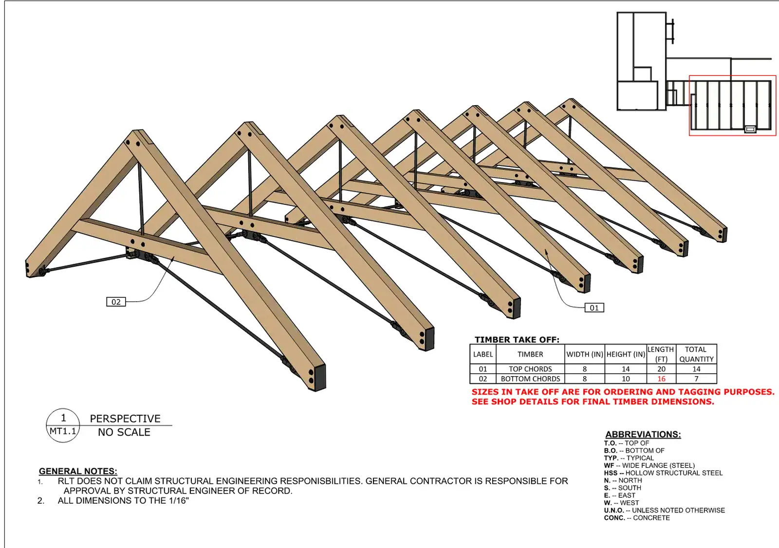 Perspective shop drawing of seven matching timber and steel trusses at the Wilson residence