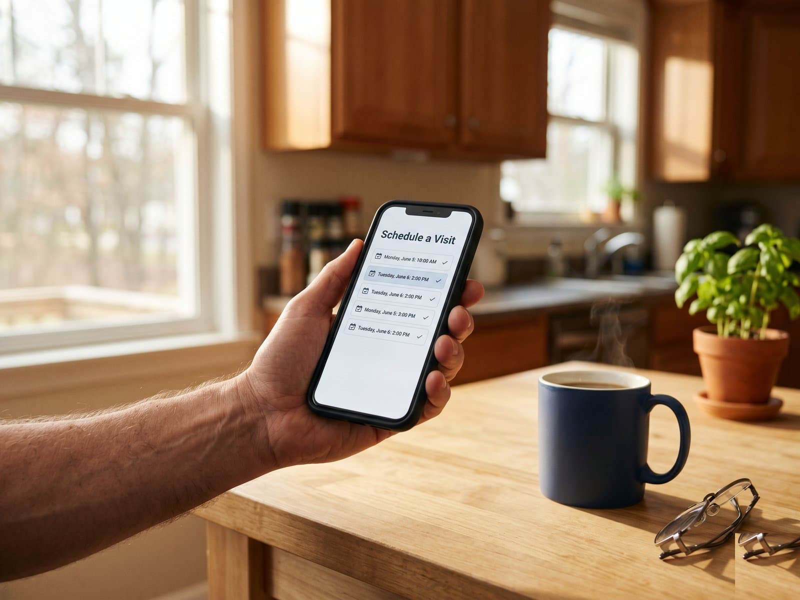 Man at his kitchen island scheduling a DadVantage visit on his phone