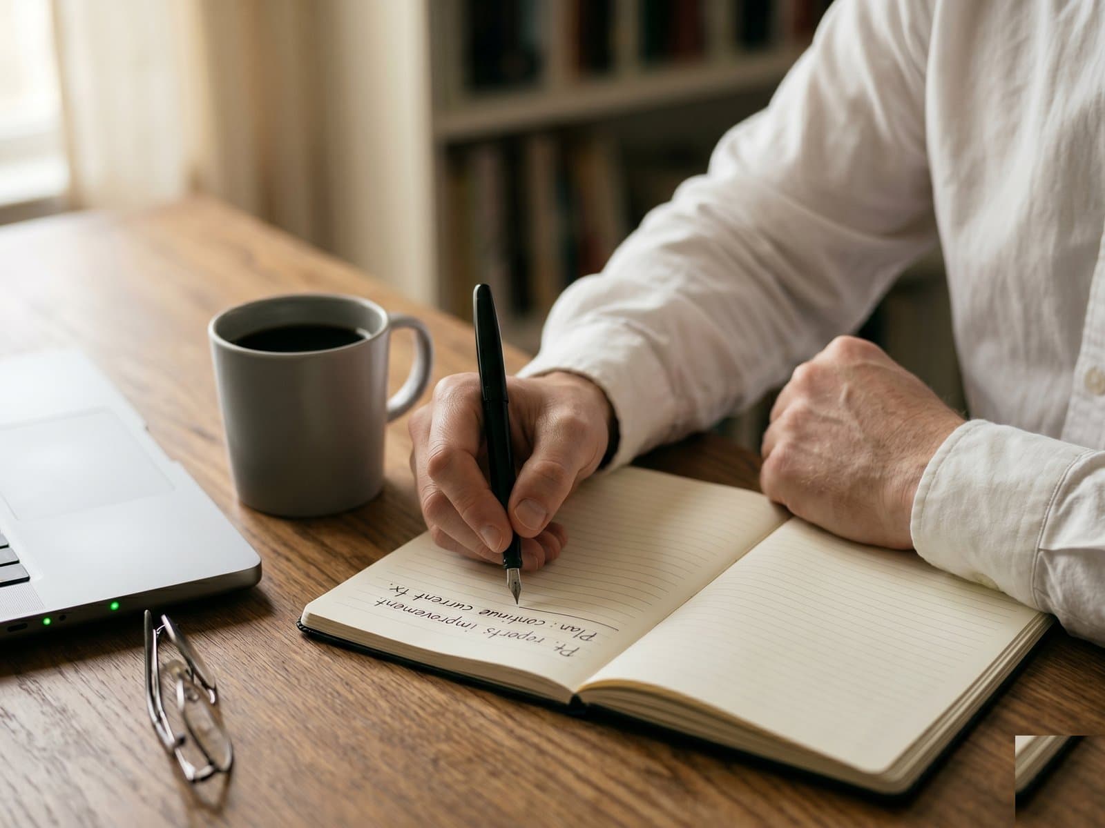 Clinician's hand writing a custom care plan in a notebook on a wood desk