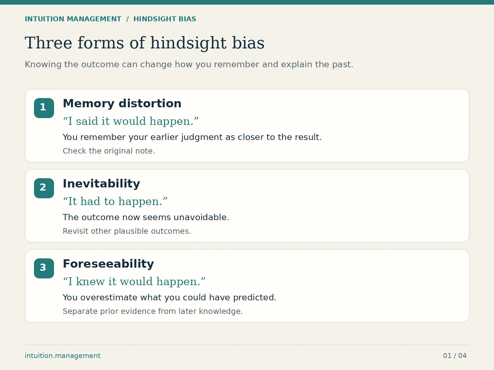 Three forms of hindsight bias: memory distortion, inevitability, and foreseeability, with a check for each