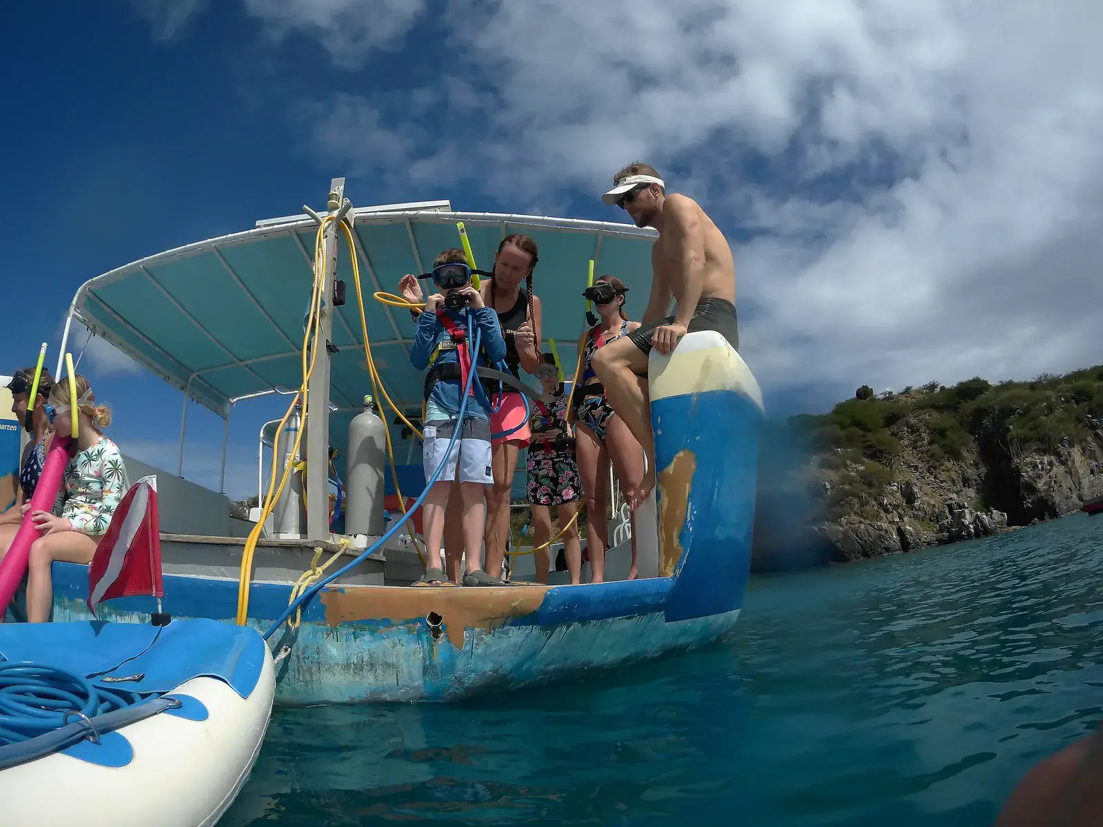 Guest preparing to enter the water with SNUBA equipment in Sint Maarten