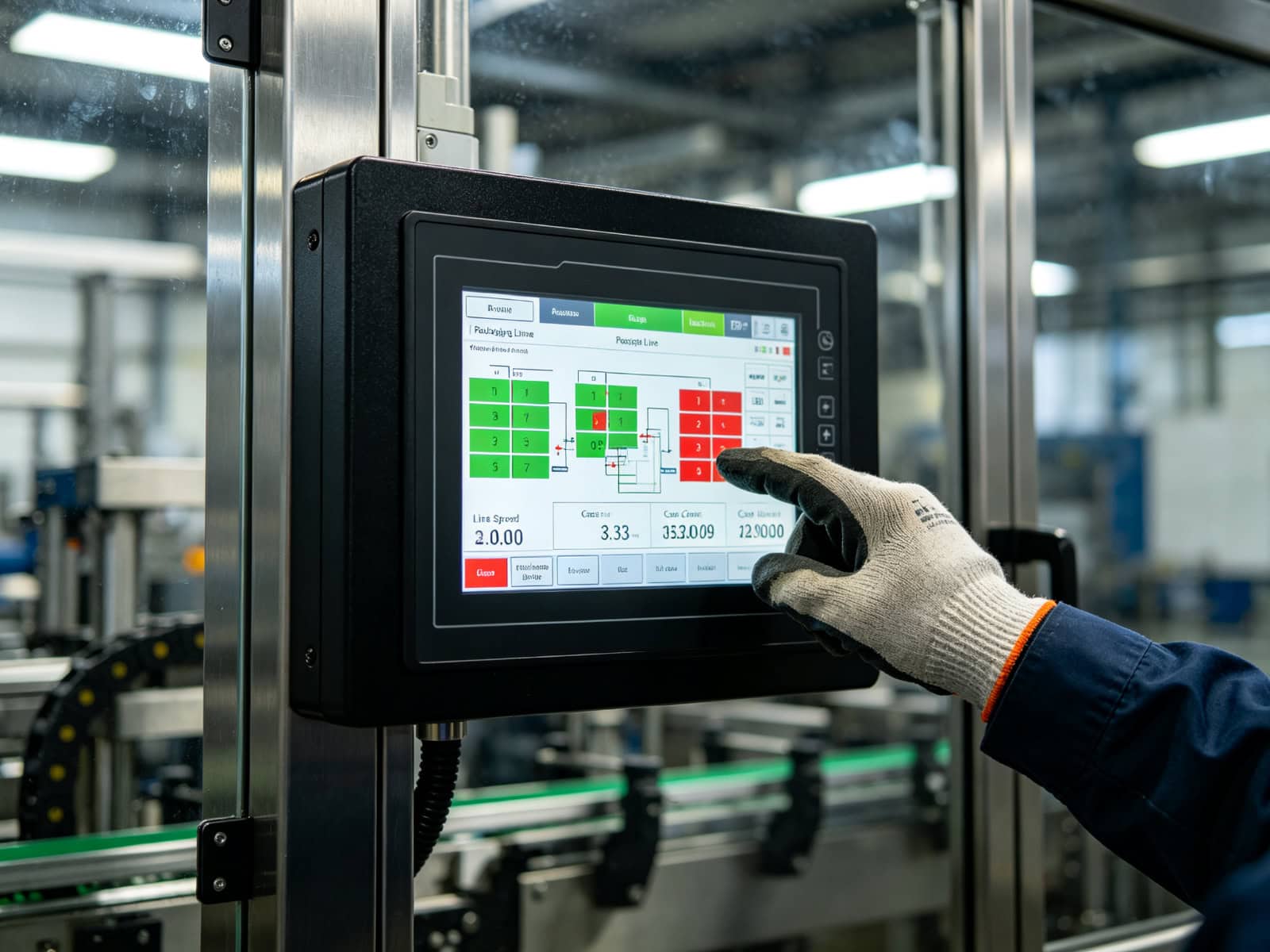 HMI and electrical cabinet on a packaging machine being inspected during factory acceptance testing