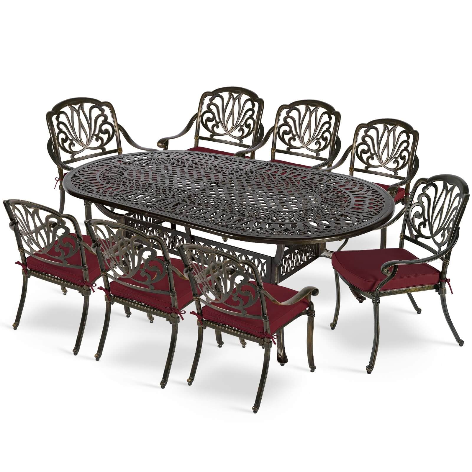 Premium 9-piece cast aluminum outdoor dining set with ornate carvings and red cushions