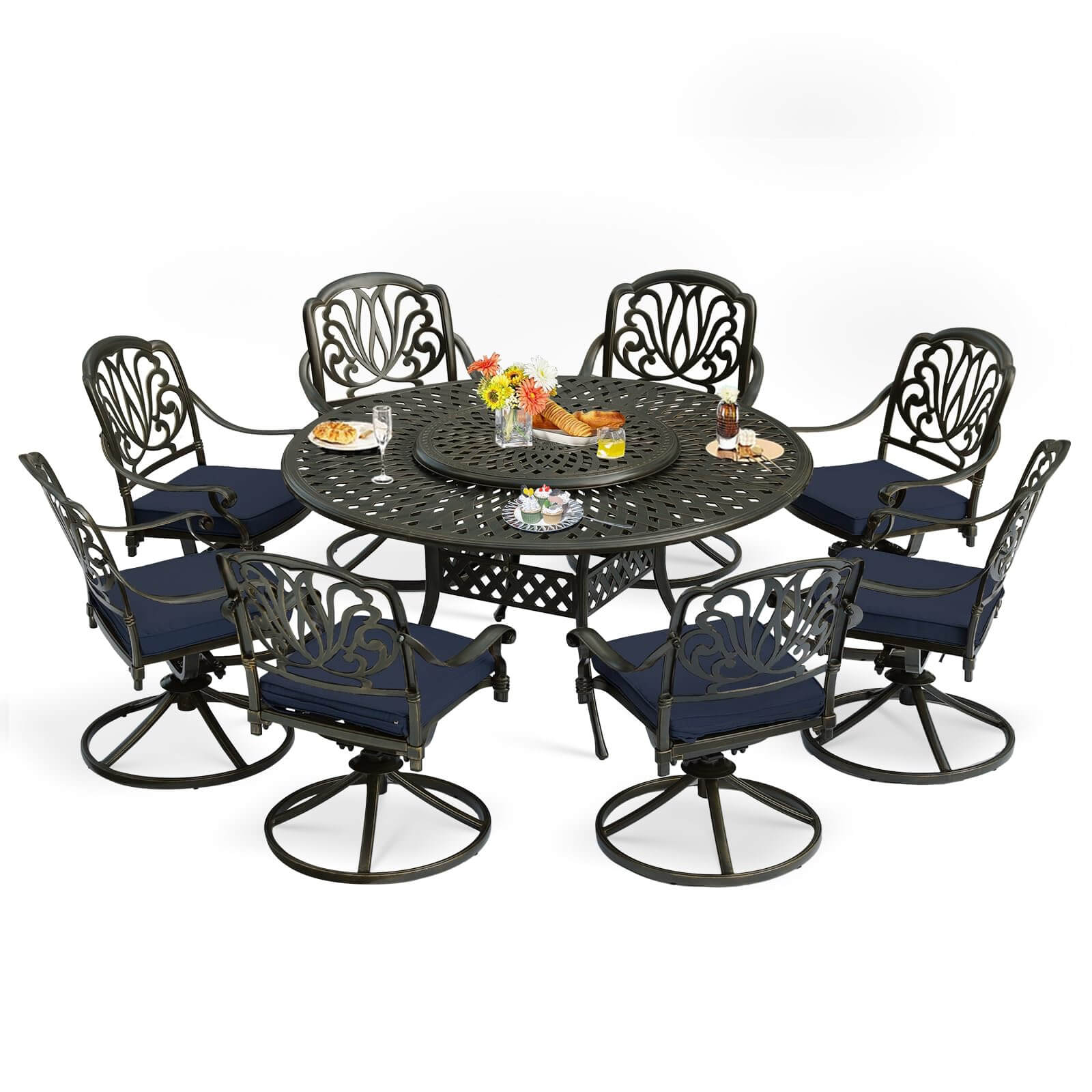 MEETWARM 9-Piece Outdoor Patio Dining Set, All-Weather Cast Aluminum Patio Conversation Set- 8 Cushioned Swivel Rocker, 61″ Round Patio Dining Table W/Detachable Lazy Susan/Umbrella Hole