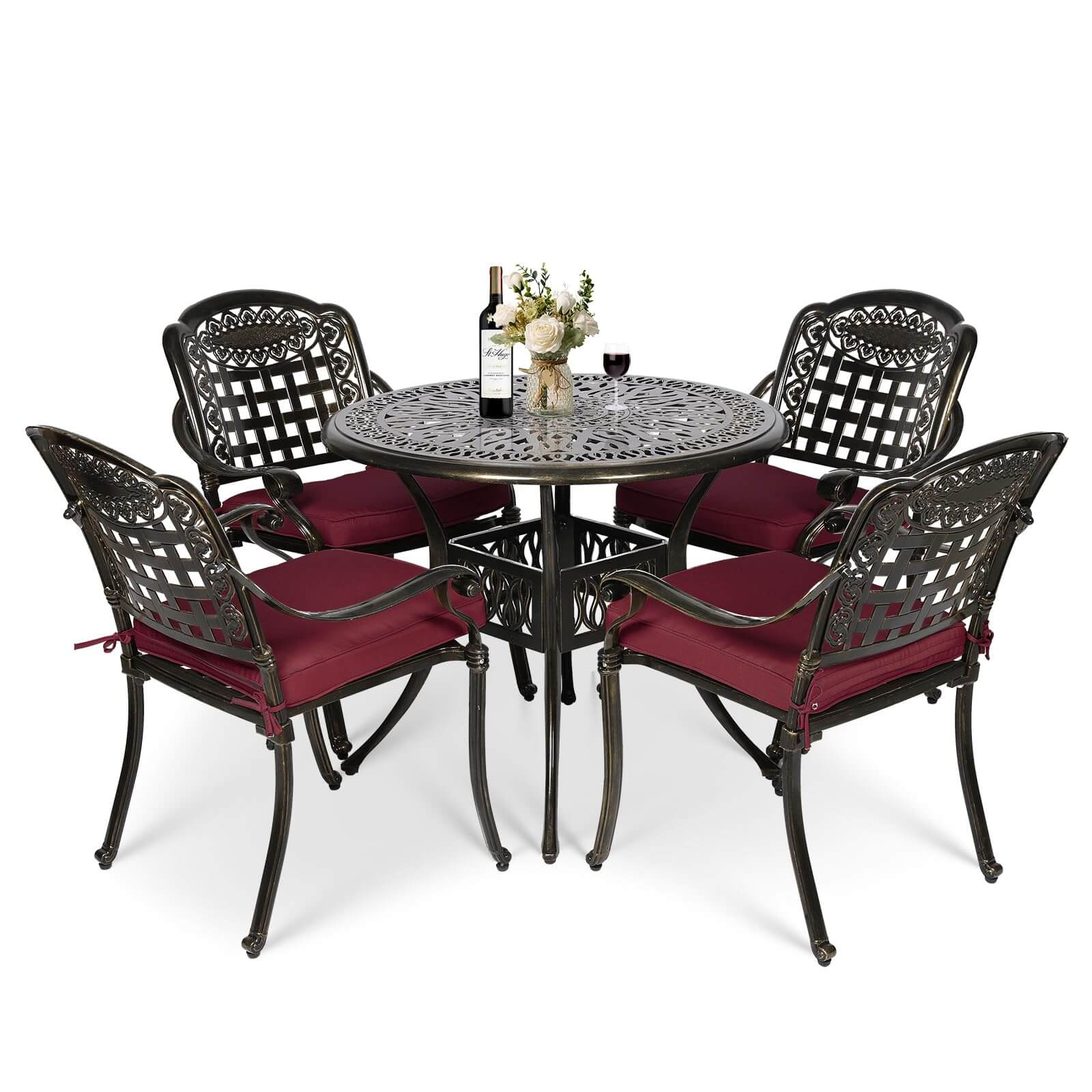 High-quality red outdoor cushions on bronze cast aluminum patio chairs