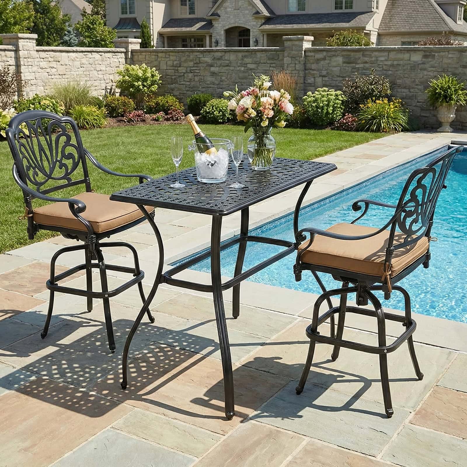 MEETWARM 3-Piece Patio Swivel Bar Set, All-Weather Cast Aluminum Outdoor Bar Height Bistro Set