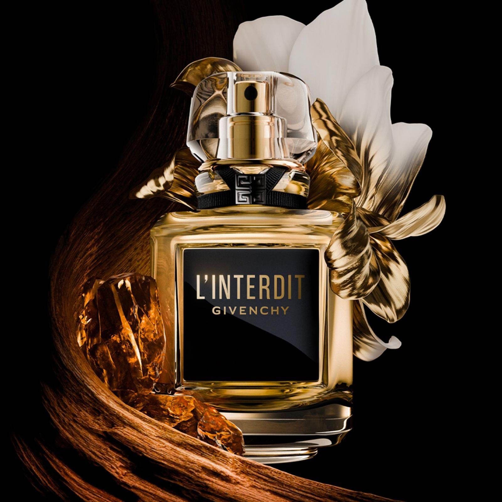 Givenchy L’Interdit Le Parfum 2025 with notes of pear, apple, bitter almond, tuberose, jasmine, mimosa, benzoin, patchouli, myrrh, opoponax, and vetiver