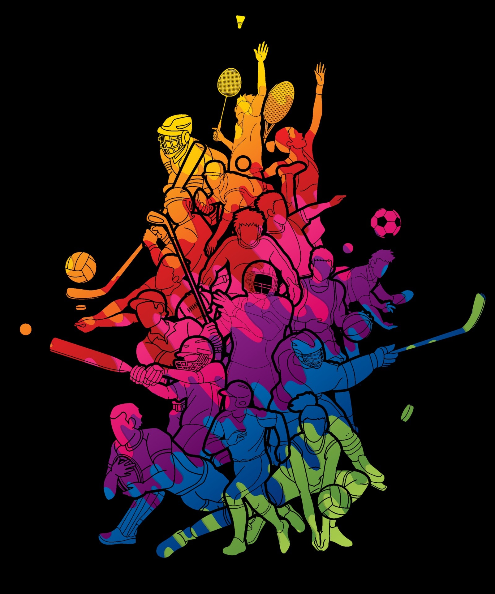 Cartoon illustration of athletes from a wide variety of sports covered in the colors of the rainbow.