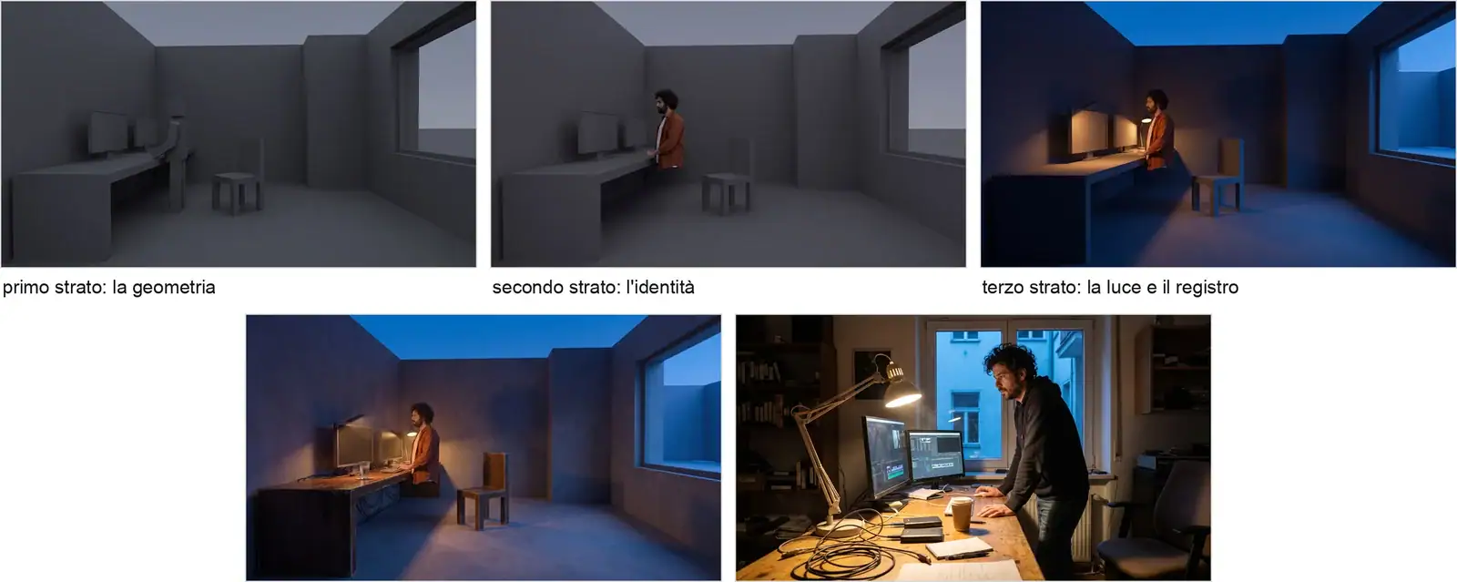 la stessa inquadratura in quattro passaggi documentati, e lo stesso tentativo in un colpo solo