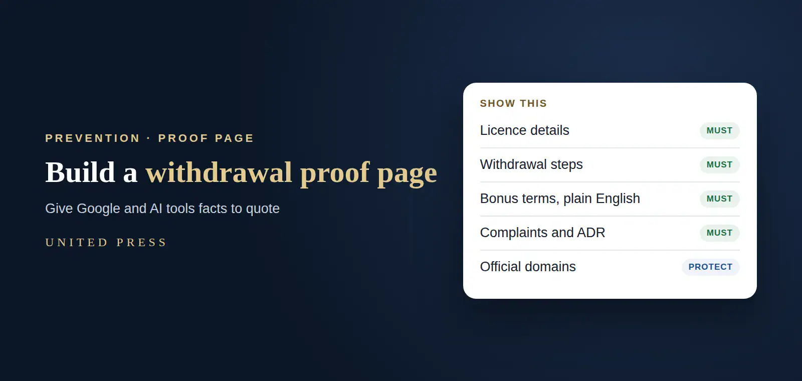 Withdrawal proof page for a gaming company: licence, withdrawal steps, timings, bonus terms, complaints and official domains