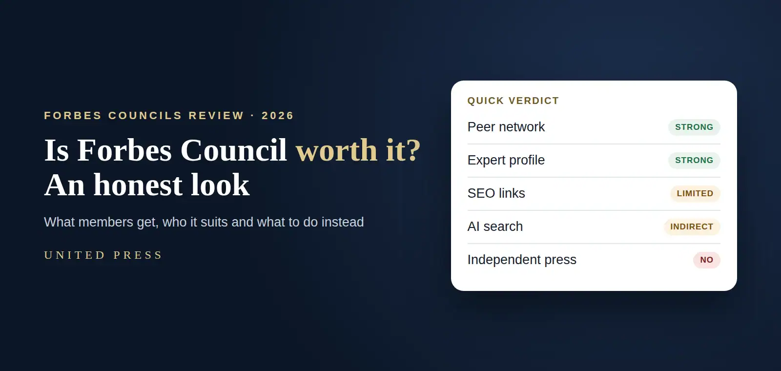 Is Forbes Council Worth It? An Honest Look (2026) 1 Is Forbes Council worth it? Quick verdict: peer network strong, expert profile strong, SEO links limited, AI search indirect, independent press no