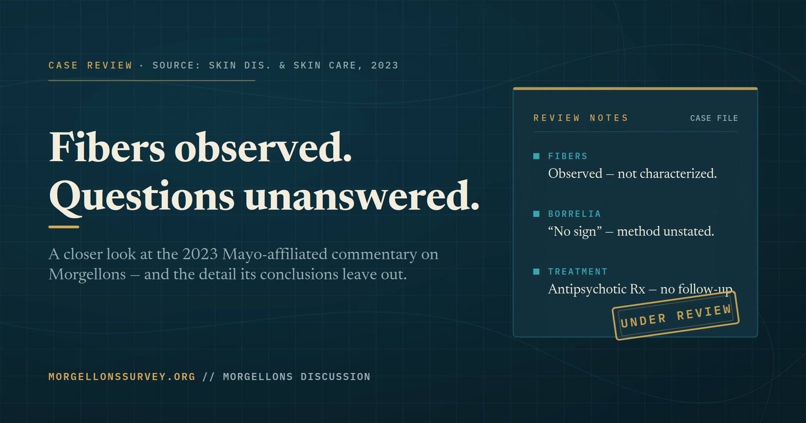 Case-file graphic reading "Fibers observed. Questions unanswered." reviewing the 2023 Mayo-affiliated Morgellons commentary — observed fibers, no stated Borrelia testing method, antipsychotic treatment, lost to follow-up.