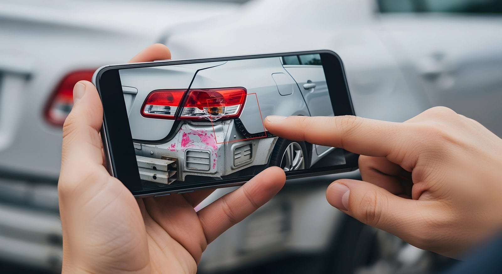 Person using a smartphone to photograph damage to a car bumper