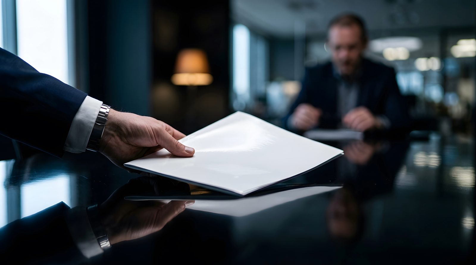 Attorney reviewing a document across a conference table with a client