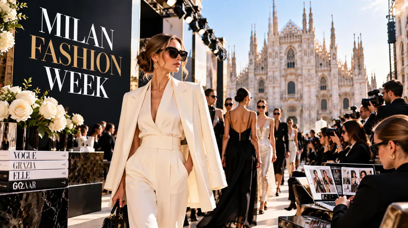 Runway show and fashion editors working at Milan Fashion Week, where PR secures coverage for designers