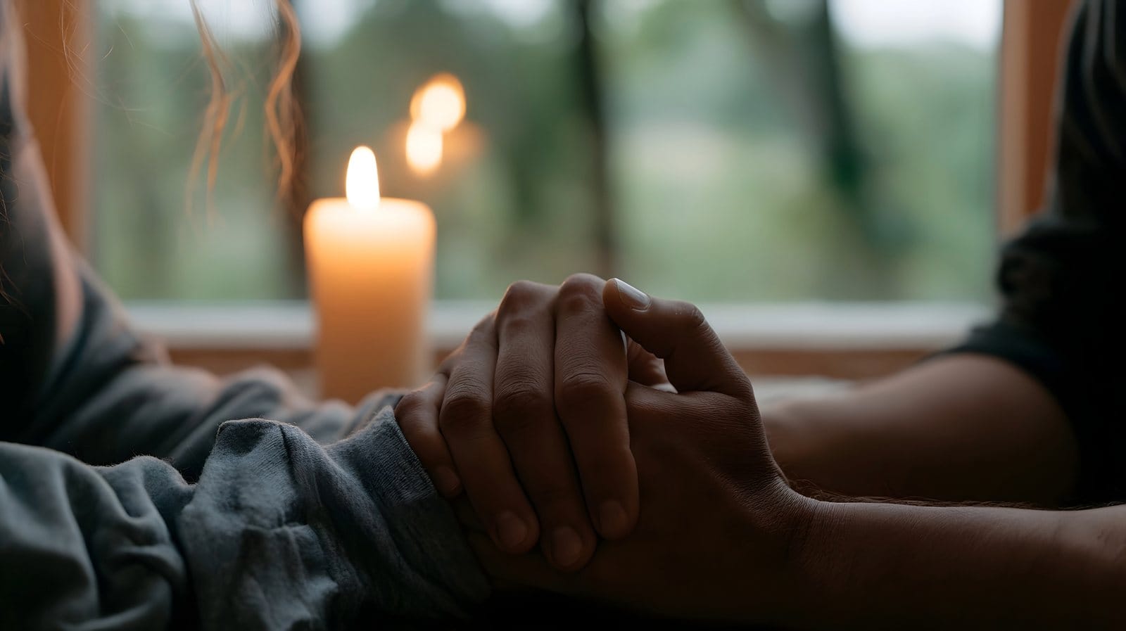 Two people holding hands in comfort beside a lit candle in a window