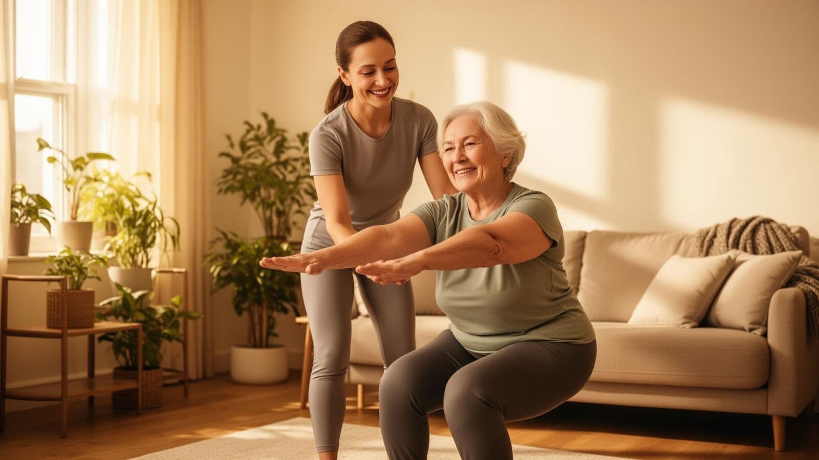 Entrenadora ayudando a una persona mayor durante una sesión de ejercicio en casa