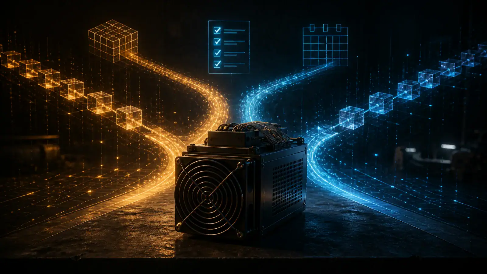 Conceptual ASIC miner at a gold-and-blue blockchain fork, illustrating SC5 Pro II compatibility checks for a proposed BLAKE2b Bitcoin fork