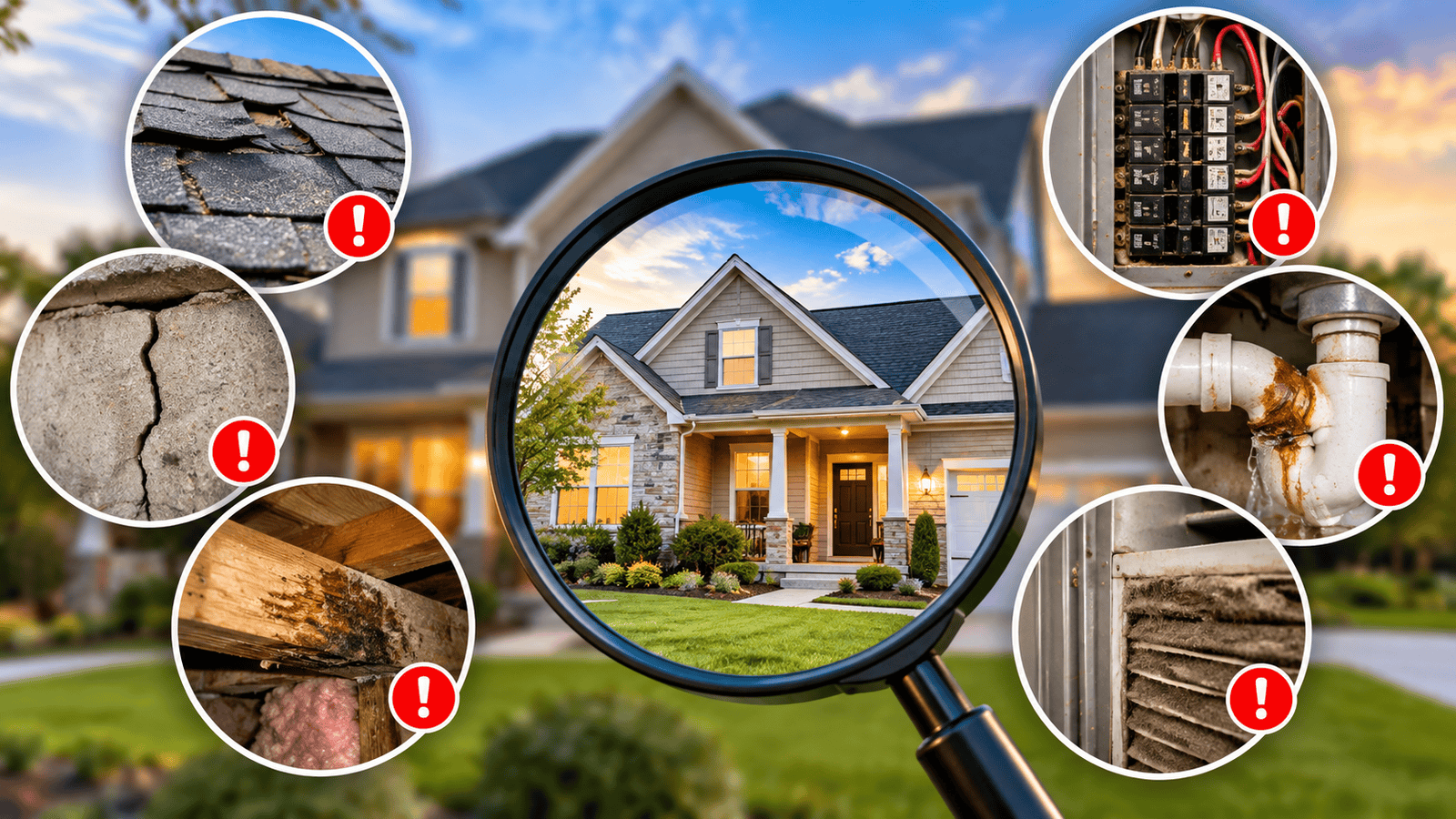 Home inspection red flags showing roof damage, foundation cracks, wood deterioration, electrical issues, plumbing leaks and HVAC concerns that may need further evaluation