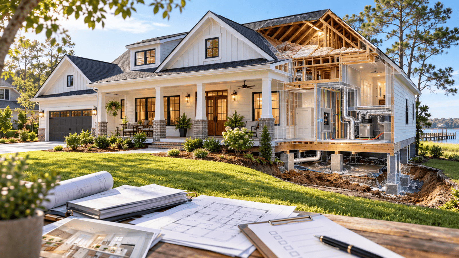 Recently renovated home in Eastern North Carolina with cutaway view showing roof framing, insulation, electrical, plumbing, HVAC and crawlspace systems for homebuyer inspection.
