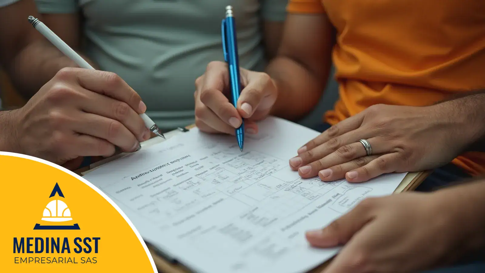 Dos personas firman con bolígrafo un registro de asistencia impreso durante una capacitación