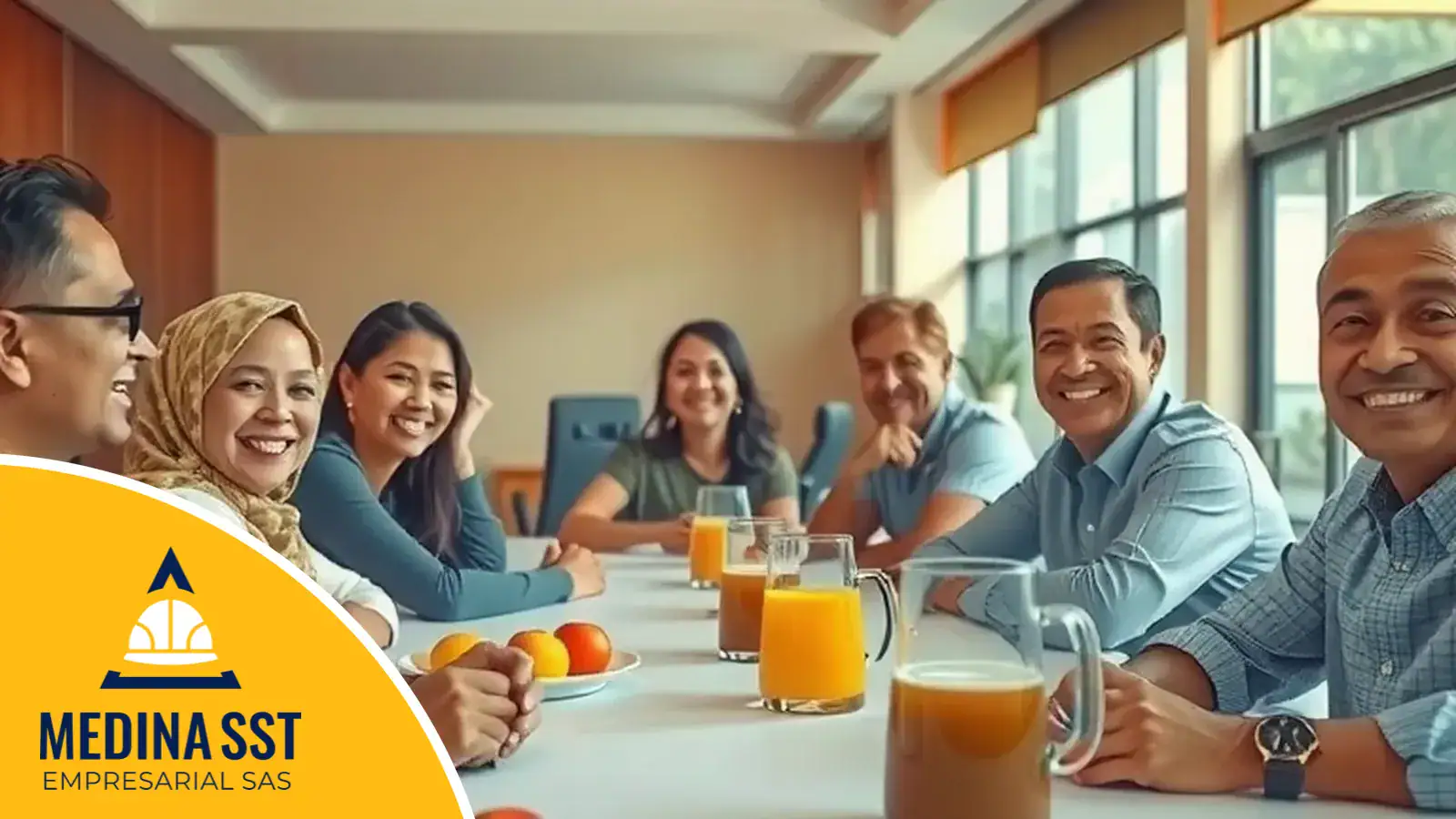Medición del impacto de los eventos de integración Empleados sonriendo alrededor de una mesa larga con jarras de jugo y fruta durante un almuerzo de celebración en un salón corporativo