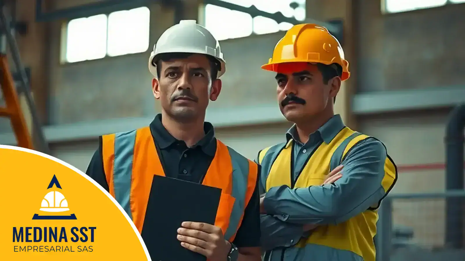 Trabajadores con casco y chaleco reflectivo observan una máquina en un taller industrial durante la revisión de riesgos