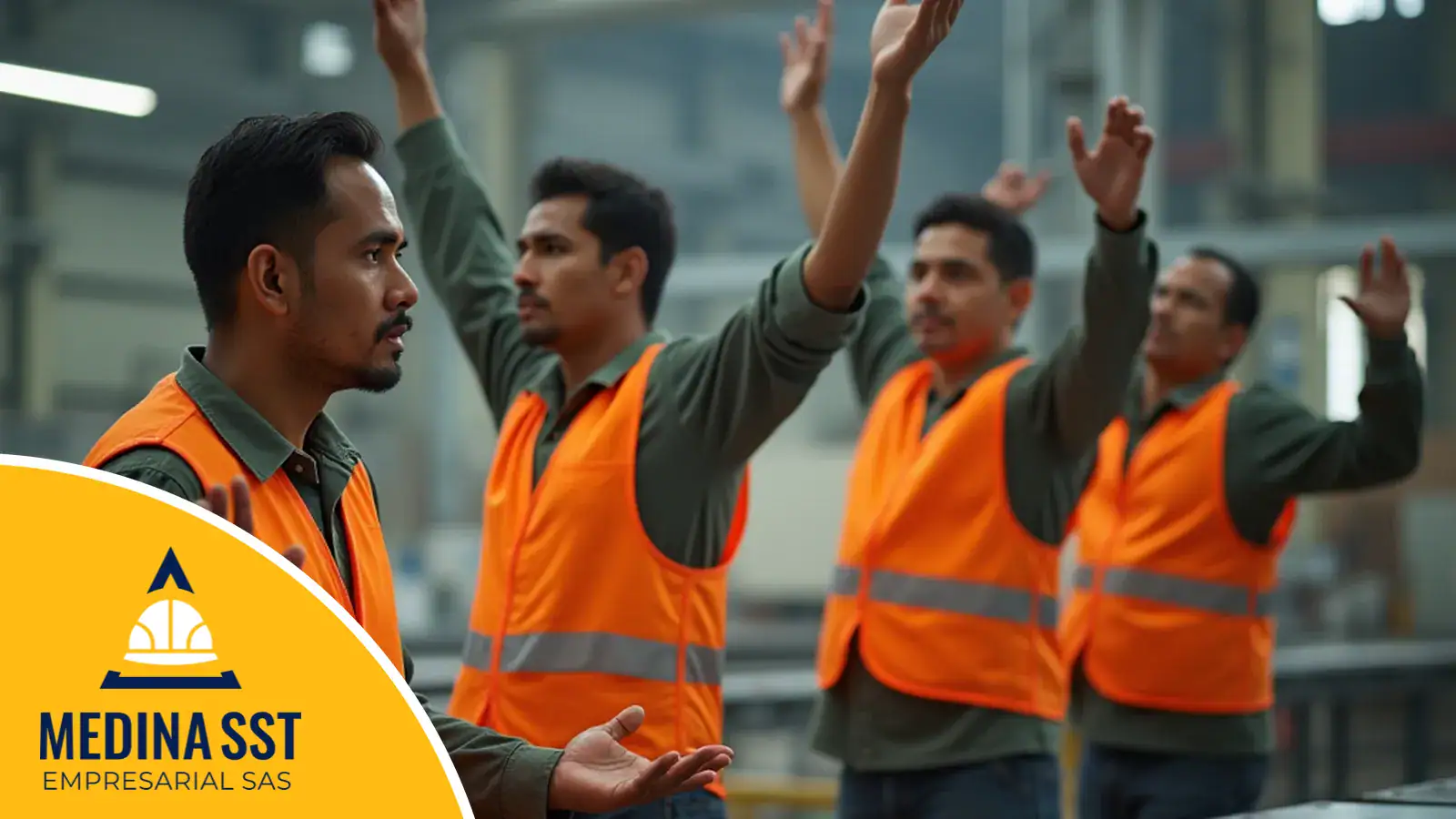 Pausas Activas Cuatro trabajadores con uniforme y chaleco reflectivo estiran los brazos hacia arriba en una pausa activa junto a la línea de producción, guiados por un instructor